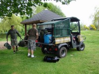 The tackle transporter - no more lugging heavy gear! at Lac du Val carp lake in France.