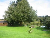 The lakeside cabin at Lac du Val carp lake in France. 