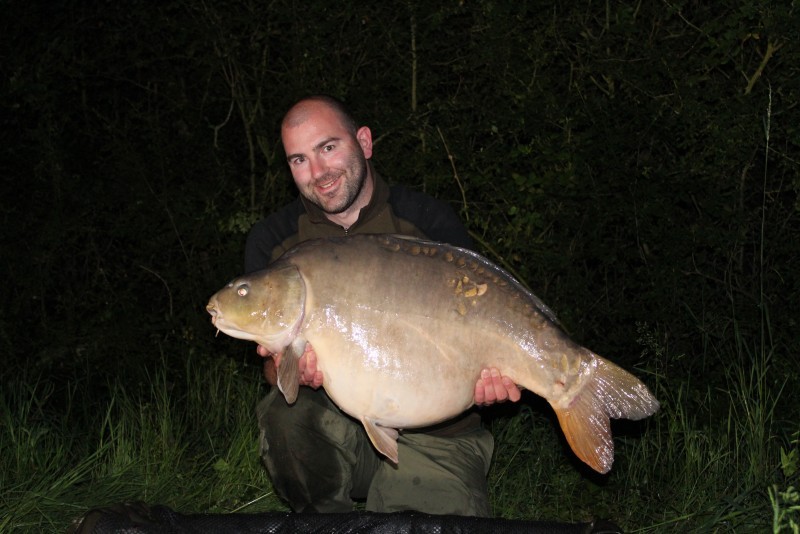 Angling Lines Field Tester Mike Linstead with a 43lb mirror carp from Blue Lake in France