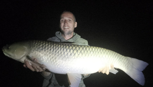A 25 lb 5 oz grass carp from Lakeview, Caught under a tree from right hand margin on 2 tigers tipped with a pièce of yellow fake corn, Aug 2026