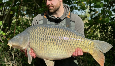 A 29 lb carp from Villefond, Will and Cal, Oct 2024