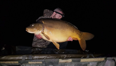 A 46 lb 14 oz carp from Villefond, Lucy from the cabin swim, Feb 2019