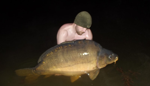 A 63 lb carp from Villefond, Arnold with fisheries manager Mark Lambert, May 2016