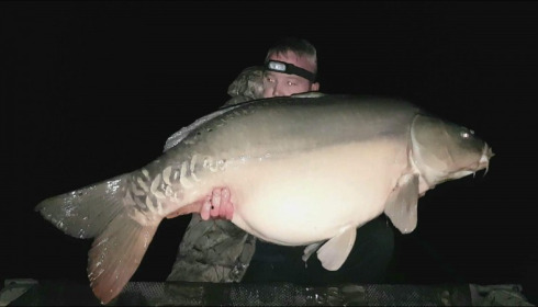 A 53 lb 4 oz carp from Villefond, Dorian from the cabin swim, Feb 2019