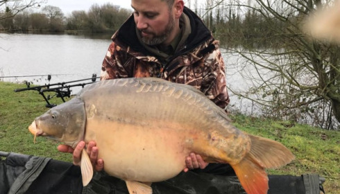 A 36 lb carp from Villefond, Dan Hulance group, Mar 2017
